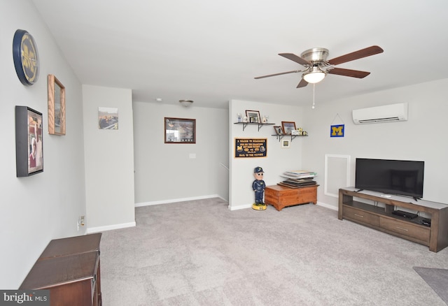 living room with a wall unit AC, ceiling fan, and light colored carpet