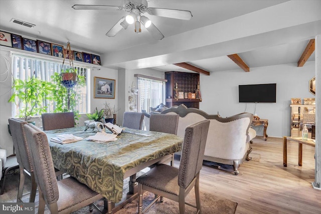 dining space with ceiling fan, beam ceiling, and light wood-type flooring