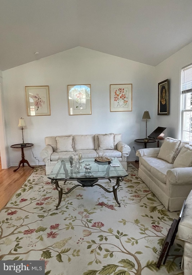 living room with lofted ceiling and hardwood / wood-style flooring