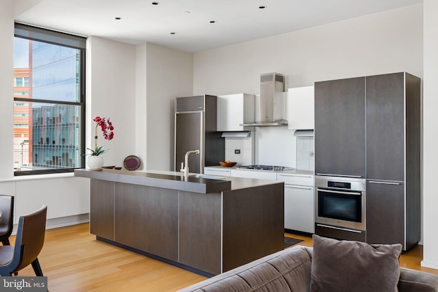 kitchen featuring dark brown cabinets, appliances with stainless steel finishes, light hardwood / wood-style floors, sink, and wall chimney range hood