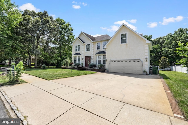 view of front facade featuring a front lawn and a garage