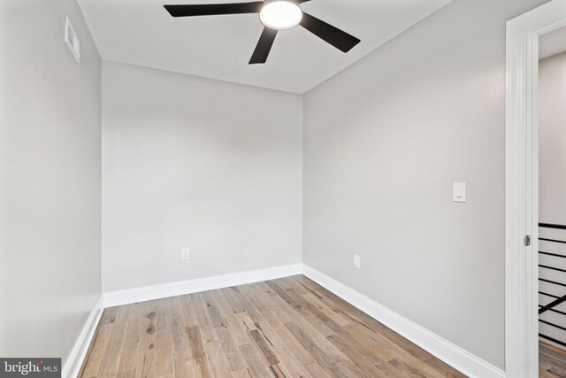 empty room with ceiling fan and light hardwood / wood-style floors