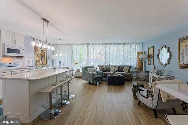 living room featuring light wood-type flooring and an inviting chandelier