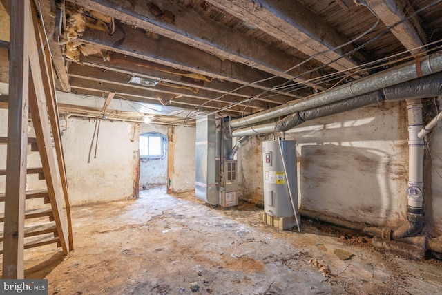 basement with heating unit and electric water heater