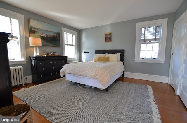 bedroom with radiator heating unit, hardwood / wood-style floors, and multiple windows