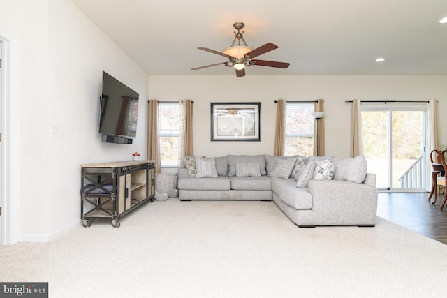 living room featuring ceiling fan and hardwood / wood-style flooring