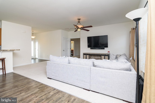 living room featuring ceiling fan and wood-type flooring