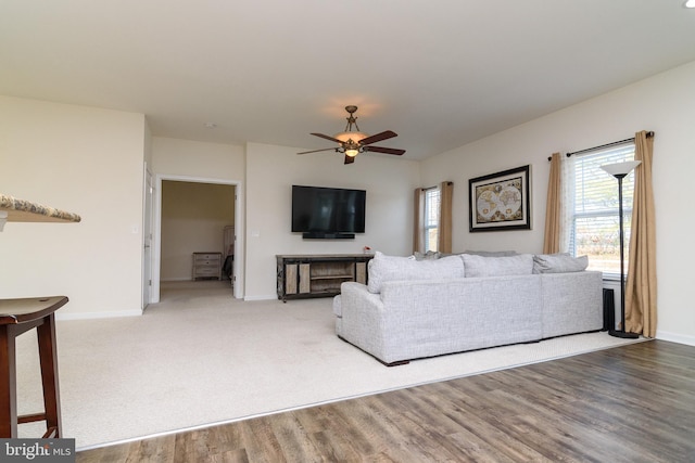 living room featuring ceiling fan, a fireplace, and wood-type flooring