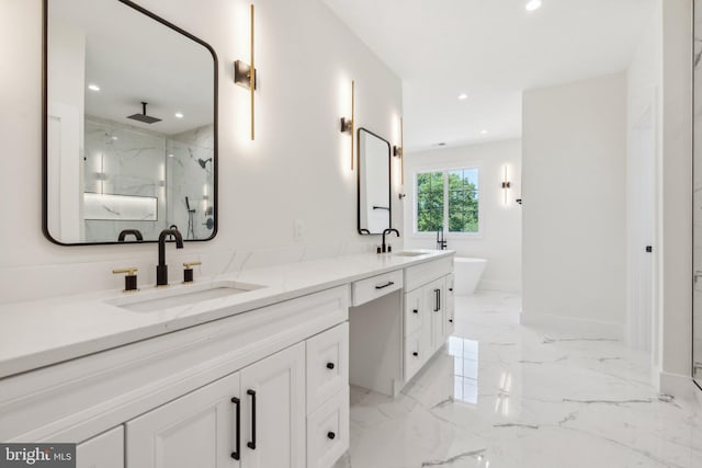 bathroom featuring independent shower and bath and vanity