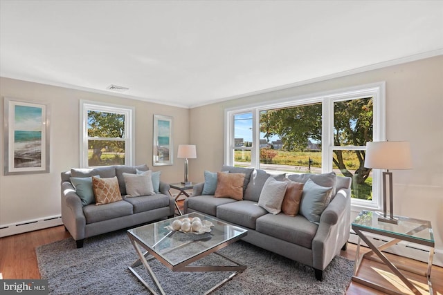 living room featuring plenty of natural light, hardwood / wood-style flooring, and ornamental molding