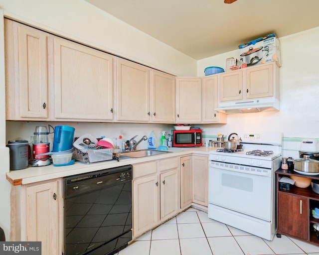 kitchen with black dishwasher, sink, white range with gas cooktop, and light brown cabinets