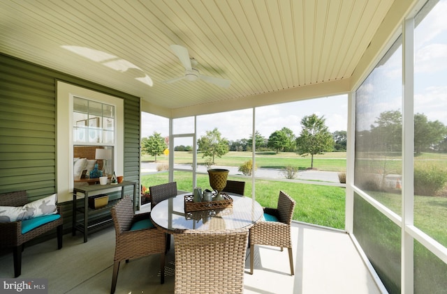 sunroom / solarium with ceiling fan and wood ceiling