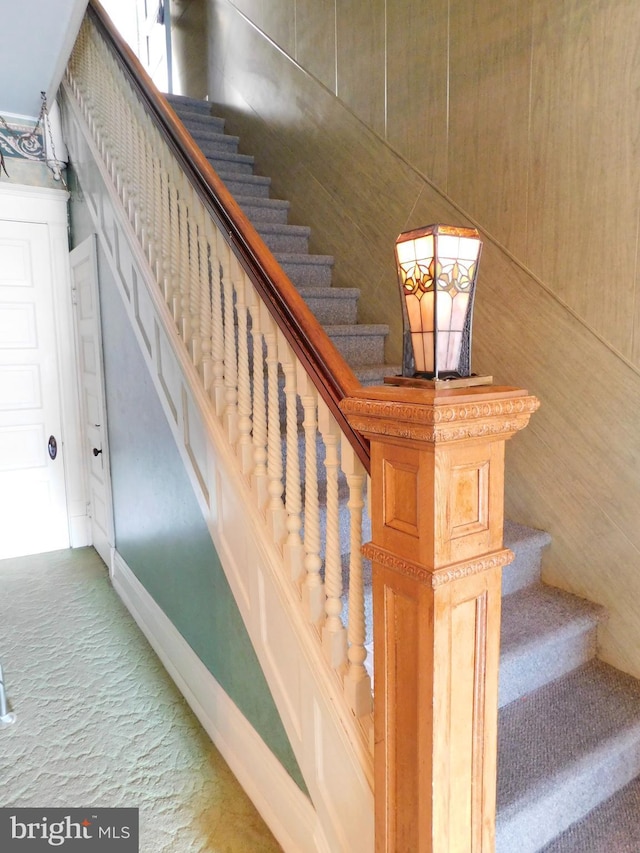 stairway with wooden walls