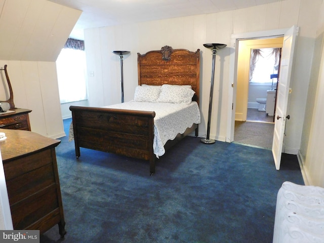 bedroom featuring multiple windows and dark carpet