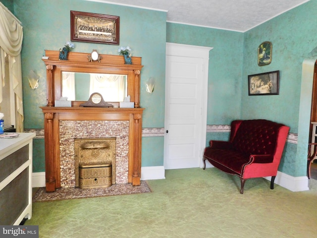 living area featuring carpet flooring