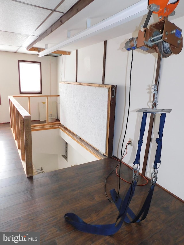 basement featuring dark hardwood / wood-style flooring