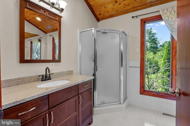 bathroom featuring vanity, an enclosed shower, vaulted ceiling, wooden ceiling, and tile patterned flooring