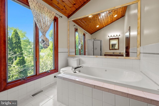 bathroom featuring wood ceiling, tile patterned flooring, vaulted ceiling, independent shower and bath, and toilet