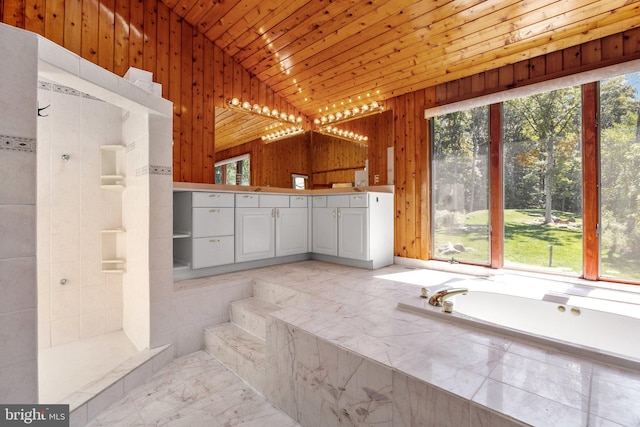 bathroom featuring shower with separate bathtub, lofted ceiling, wood walls, wooden ceiling, and vanity