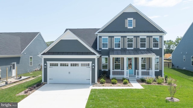 view of front of home with a porch and a front lawn