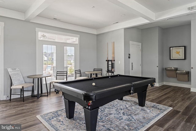 rec room with billiards, beam ceiling, and dark hardwood / wood-style flooring