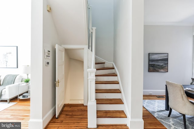 stairs featuring wood-type flooring and crown molding