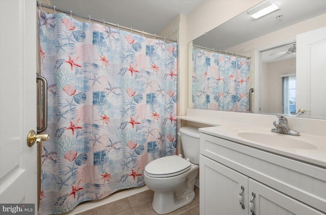 bathroom with ceiling fan, tile patterned floors, vanity, and toilet