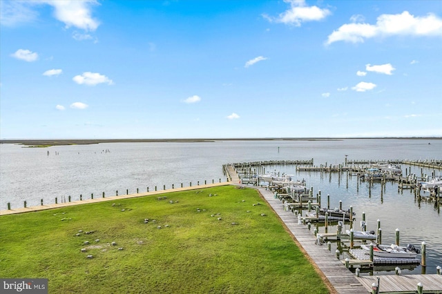 property view of water with a dock