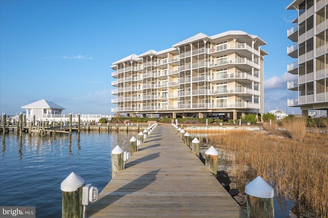 view of dock with a water view