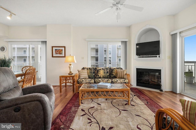 living room featuring ceiling fan, wood-type flooring, and a wealth of natural light