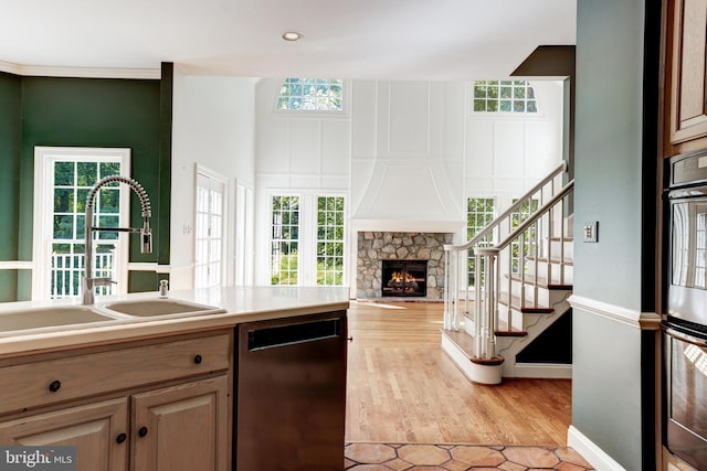 kitchen featuring a fireplace, stainless steel appliances, sink, and light hardwood / wood-style floors