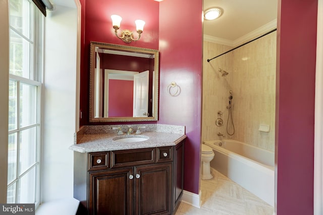 full bathroom featuring toilet, ornamental molding,  shower combination, and vanity