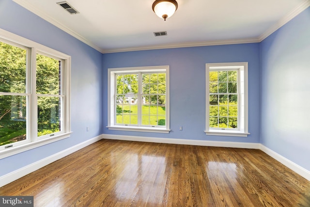 unfurnished room with crown molding and dark wood-type flooring