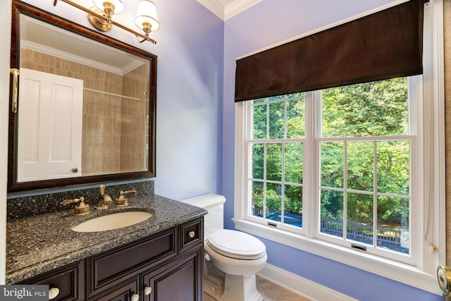 bathroom with toilet, a wealth of natural light, and vanity