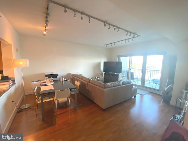 living room with rail lighting and wood-type flooring