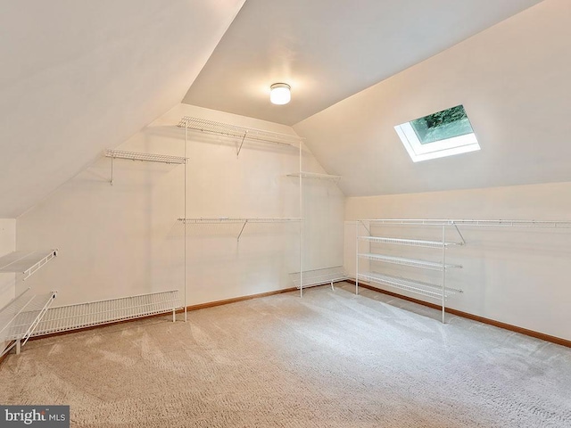 spacious closet with vaulted ceiling with skylight and carpet