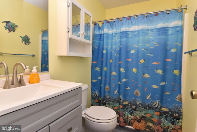 bathroom with vanity, toilet, and a shower with shower curtain