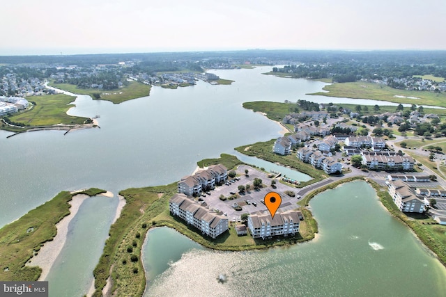 drone / aerial view featuring a water view