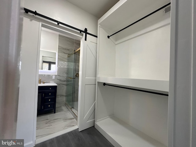 spacious closet featuring a barn door and dark hardwood / wood-style flooring