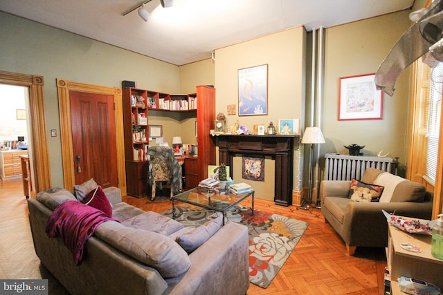 living room featuring radiator, rail lighting, and light parquet flooring