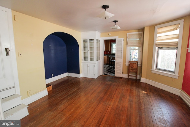 unfurnished room featuring plenty of natural light and dark wood-type flooring