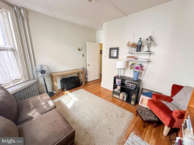 living room featuring hardwood / wood-style flooring and radiator