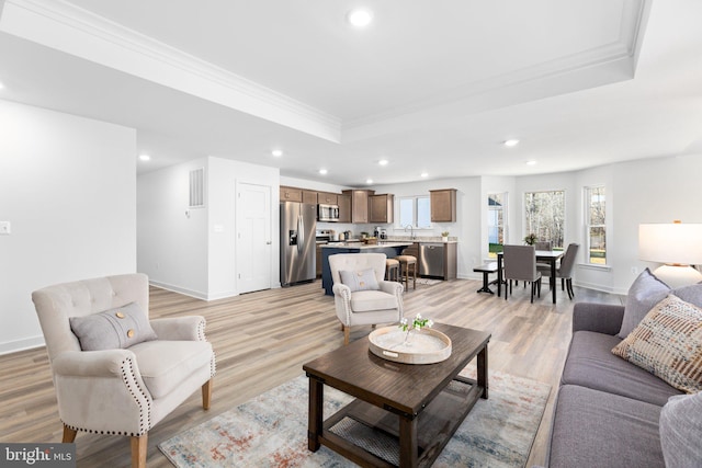 living room featuring plenty of natural light, light wood-type flooring, and a tray ceiling