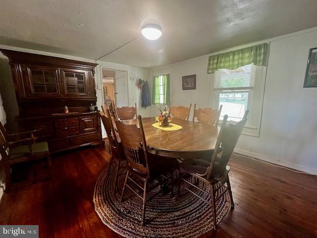 dining room with dark wood finished floors and baseboards