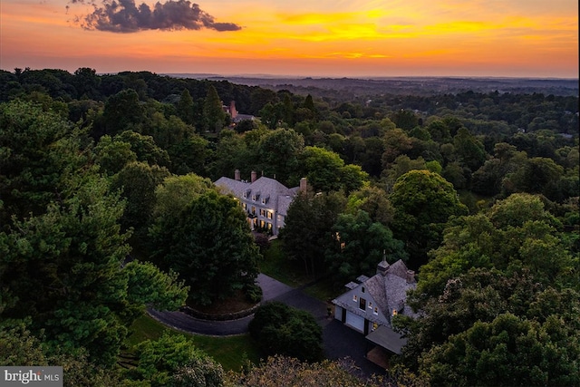 aerial view at dusk featuring a forest view