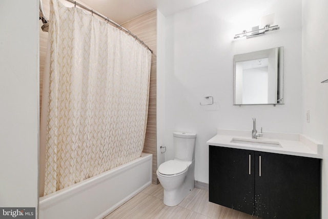 full bathroom featuring vanity, shower / tub combo with curtain, toilet, and tile patterned floors