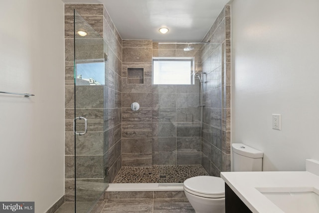 bathroom with toilet, a shower with shower door, and vanity