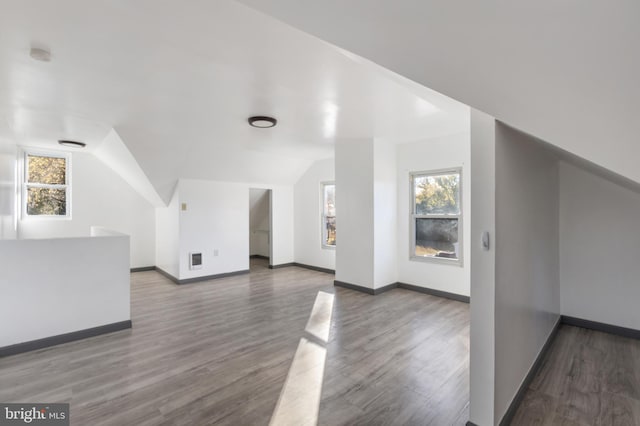 additional living space with dark wood-type flooring and vaulted ceiling