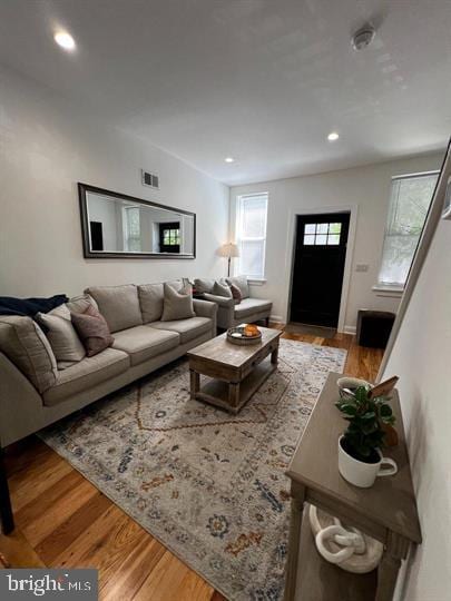 living room with hardwood / wood-style flooring