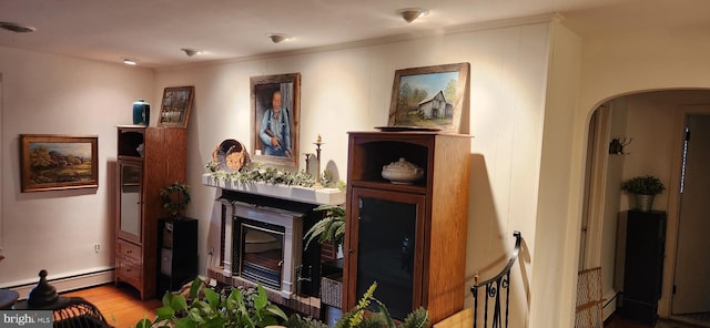 sitting room with arched walkways, a baseboard radiator, and light wood-style flooring